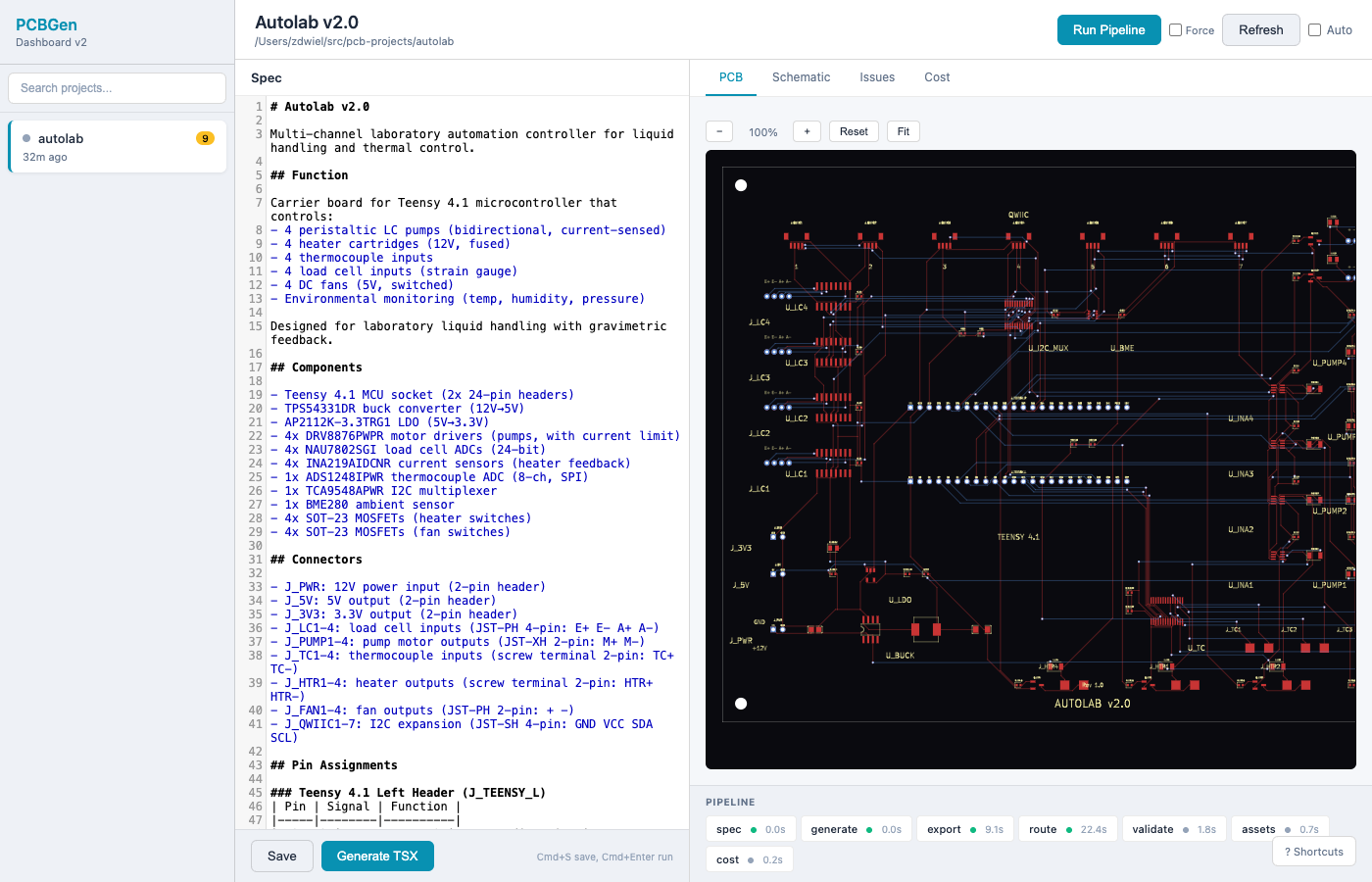 pcbgen: natural language spec on the left, routed PCB on the right