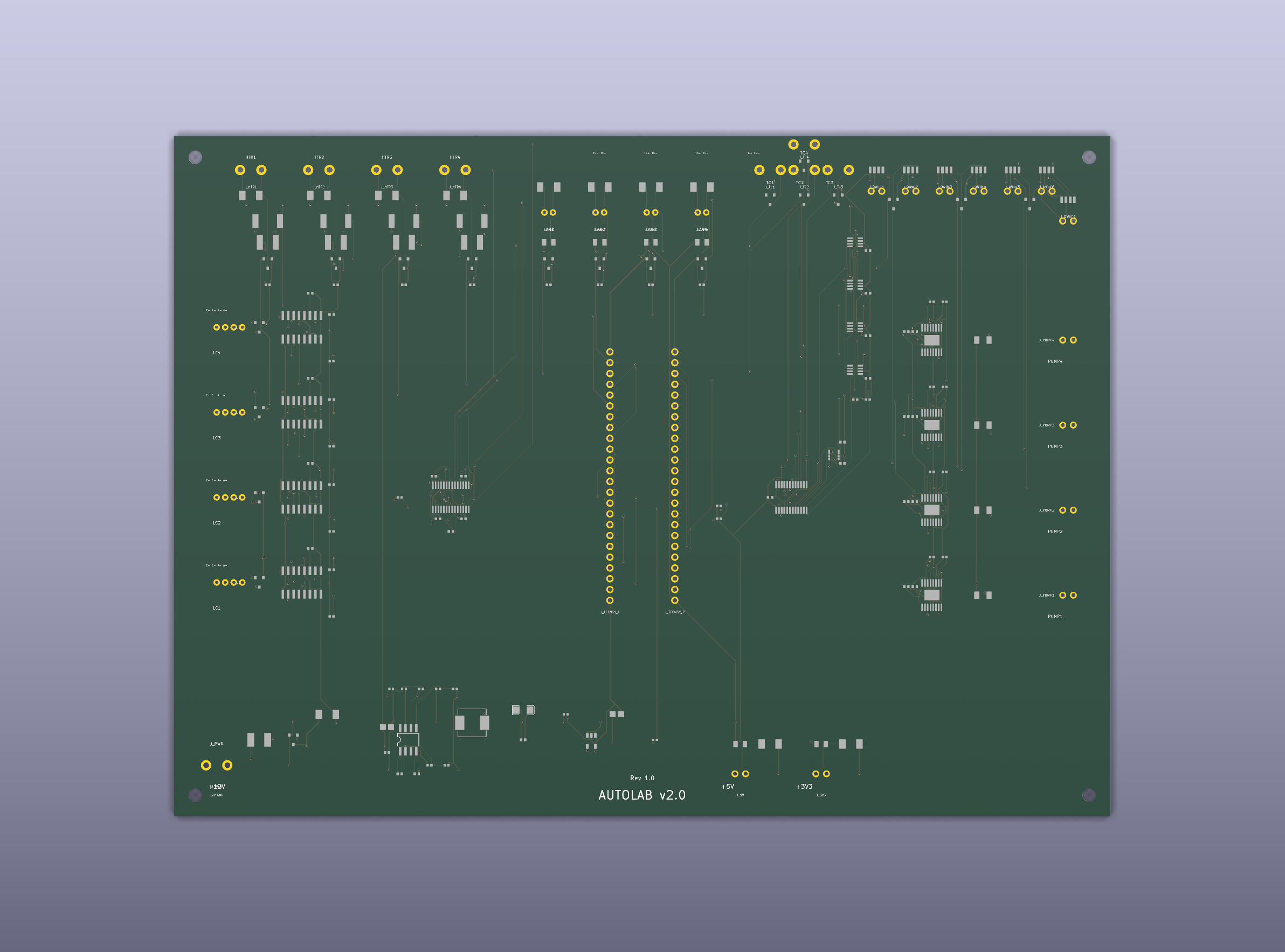 3D render of a 50+ component lab automation PCB generated from a text spec